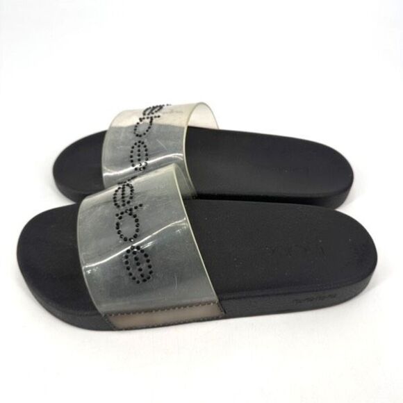 NWOT Bebe Dahlia Clear Size 9 Slides Sandals Black Spellout Large - Picture 2 of 9